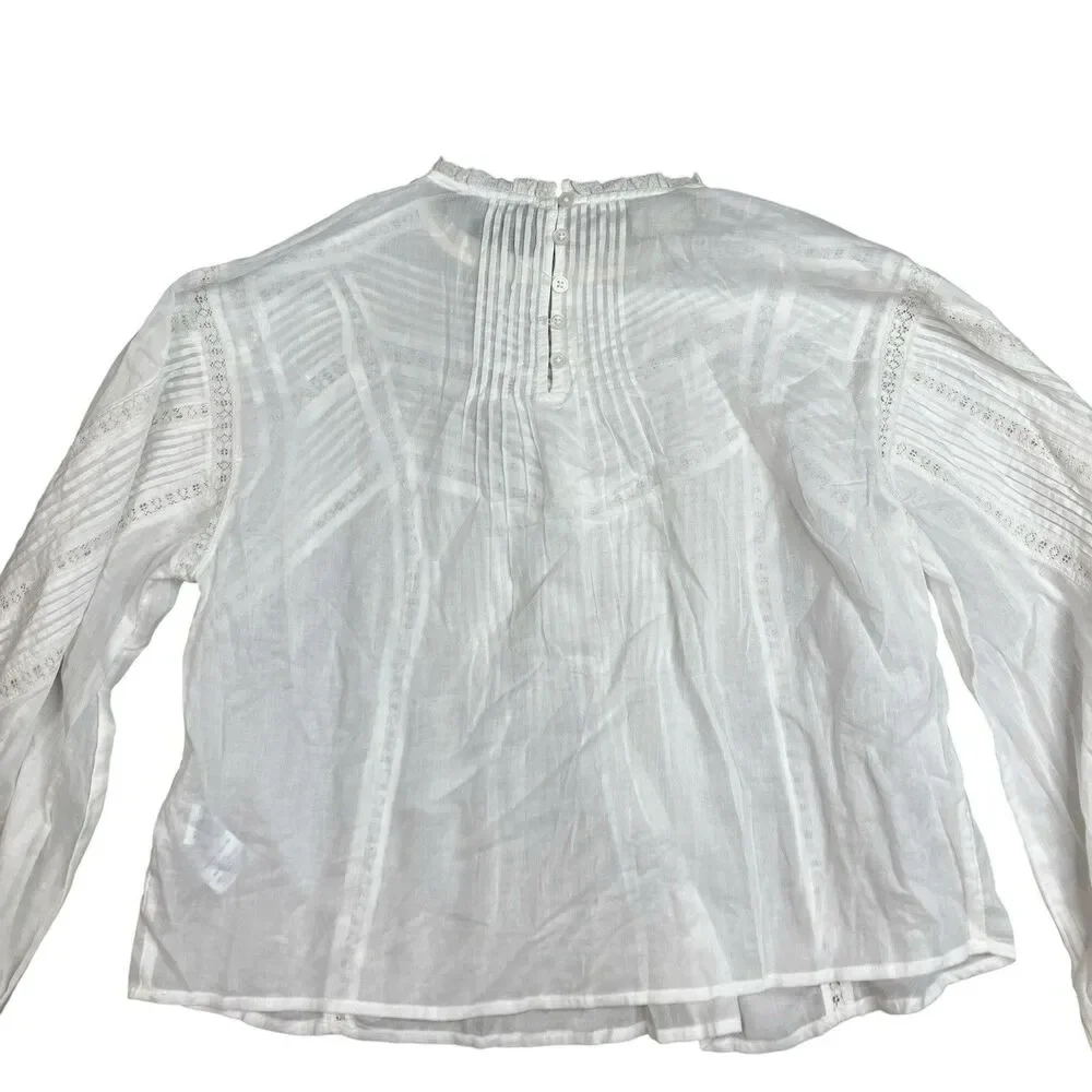 Madewell Pintuck Lace Blouse White Long Sleeve Equestrian Preppy‎ Top Womens M